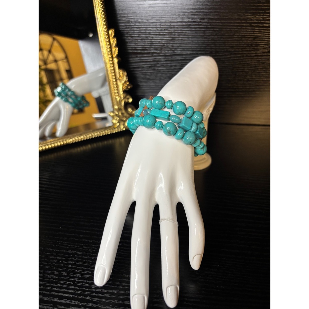 Turquoise Blue Multi Strand Beaded Cuff Bracelet Statement Boho Southwestern